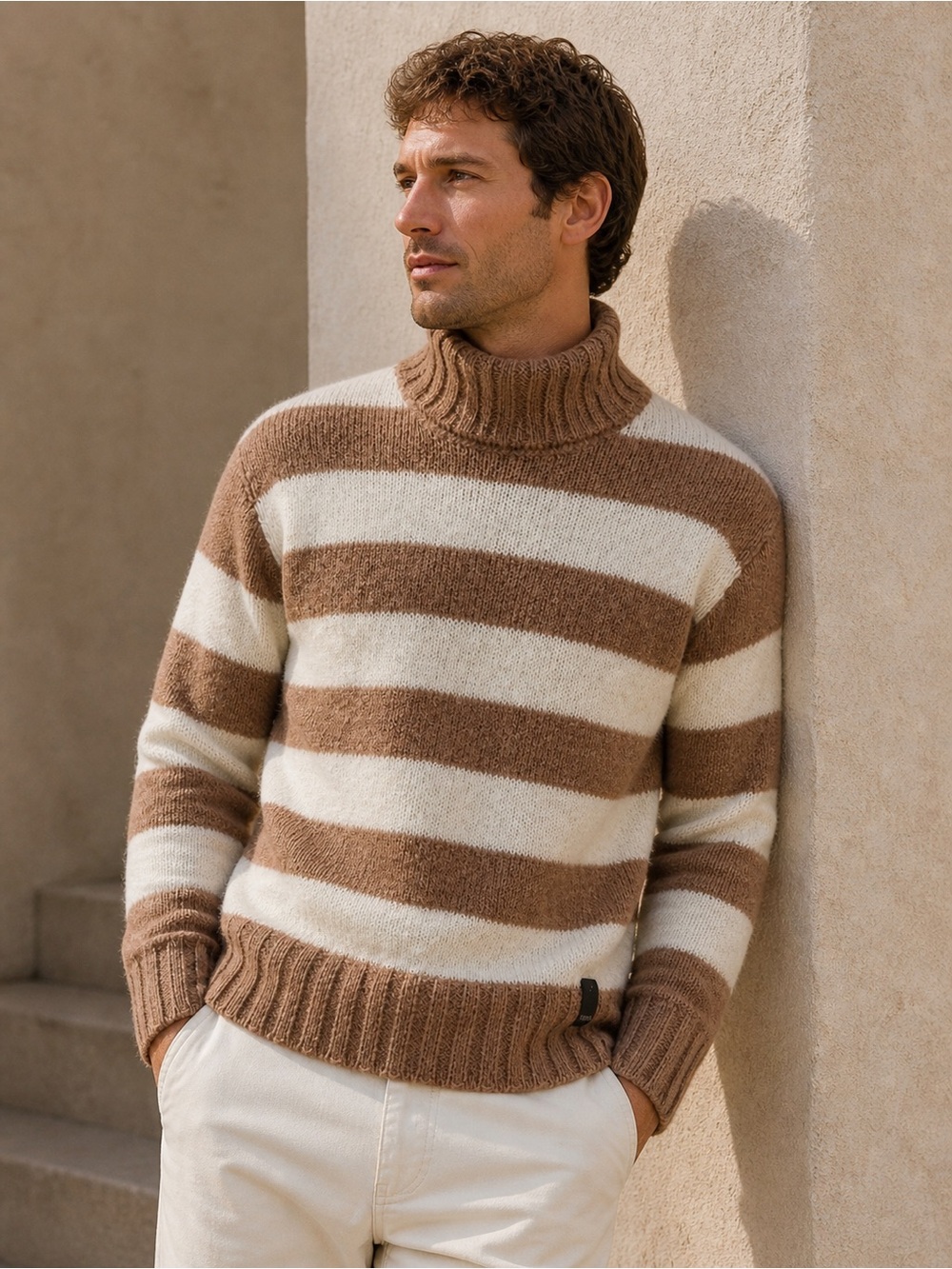 Fendi Mohair Turtleneck Sweater Brown Cream Stripe Italian Knit Size Large IT 50